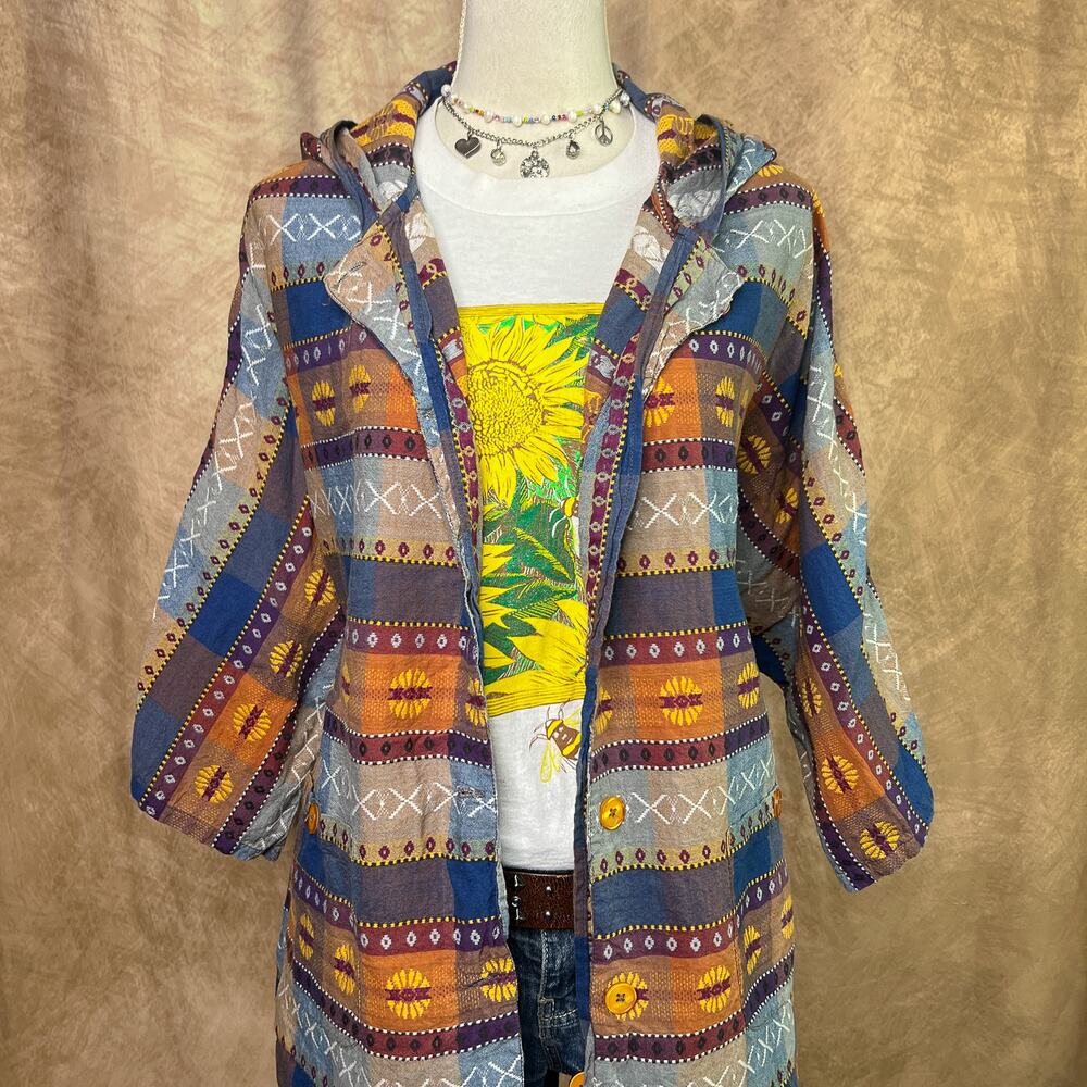 Vintage Boho Southwestern Hoodie Button Up Embroidered Multicolor Oversized 90s